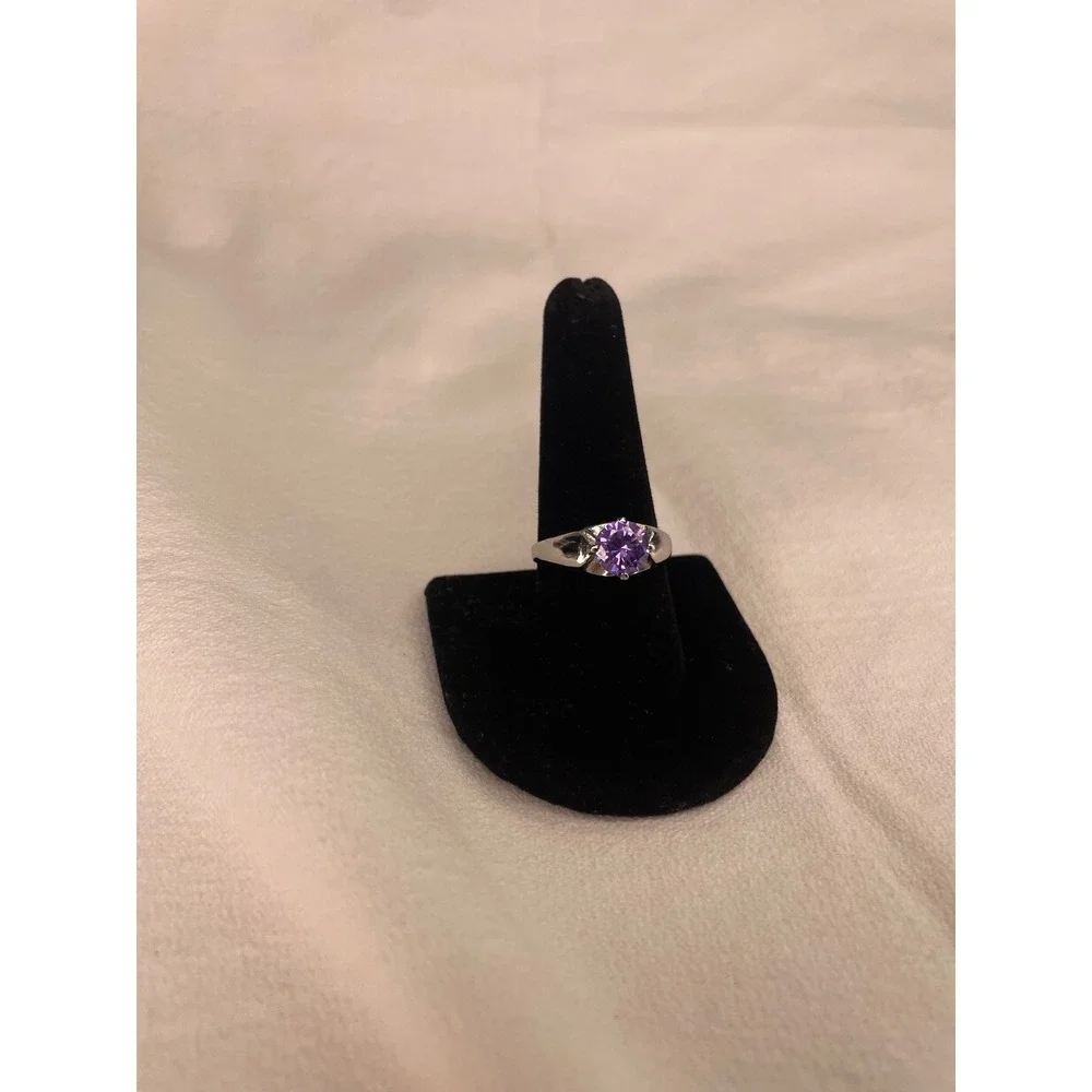 Silver Tone Purple Round Cut Cubic Zirconia Solitaire Statement Ring Size10